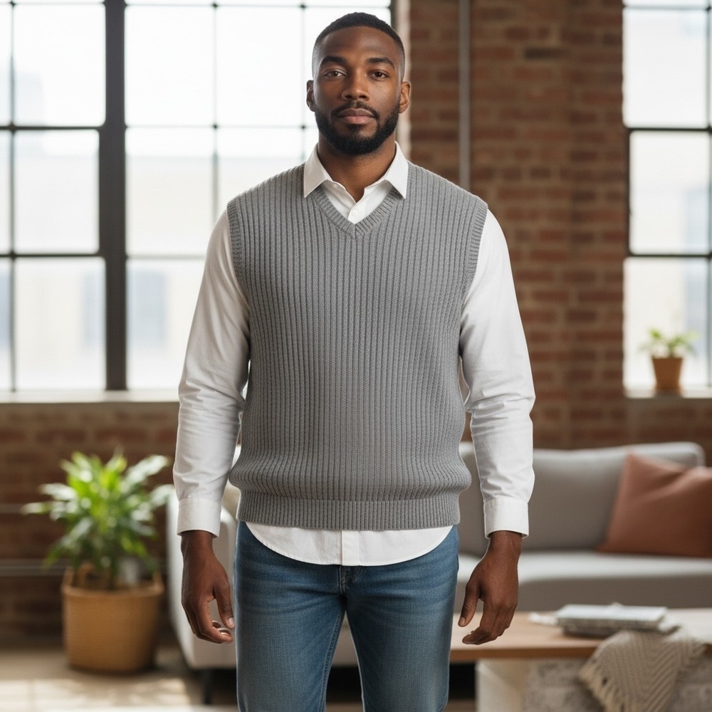 Lands' End Gray V-Neck Sweater vest 100 Cotton Timeless Knit
